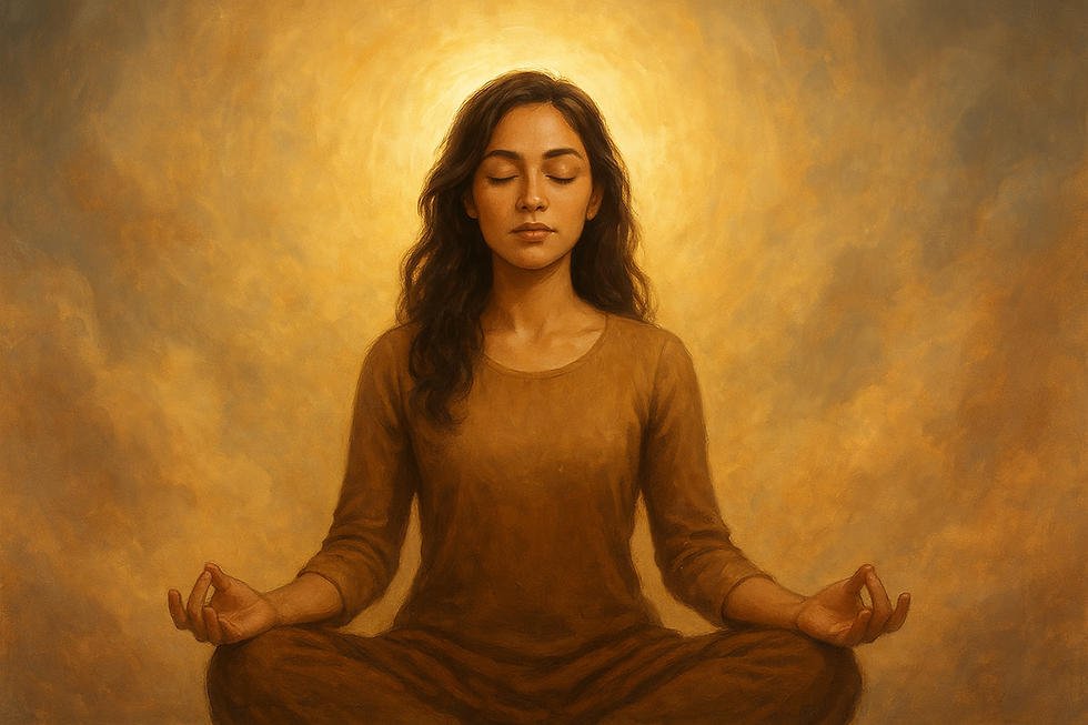 A woman sitting in calm meditation, surrounded by soft golden light, symbolizing emotional clarity and spiritual awakening.