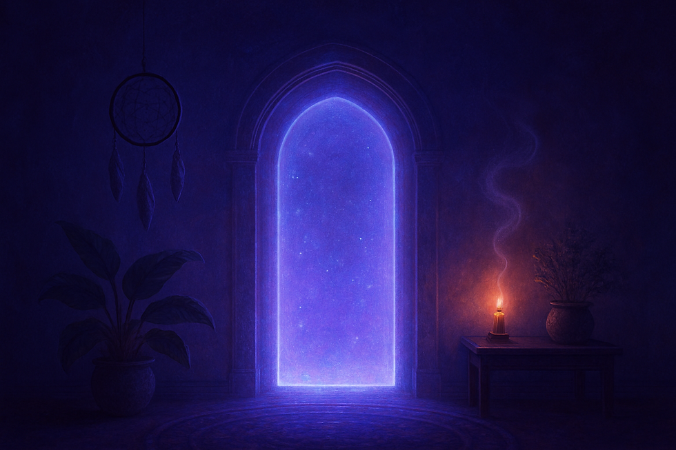 A glowing arched doorway radiates violet-blue light, surrounded by a dreamcatcher, candle, and plants, creating a mystical and sacred atmosphere.
