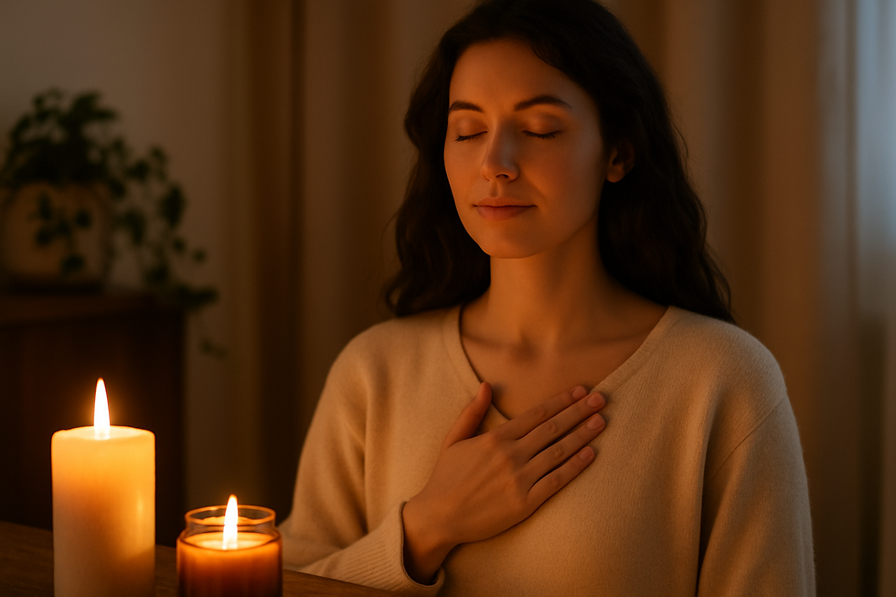 A serene woman resting her hand on her heart, surrounded by candlelight, symbolizing inner child healing and calm energy.