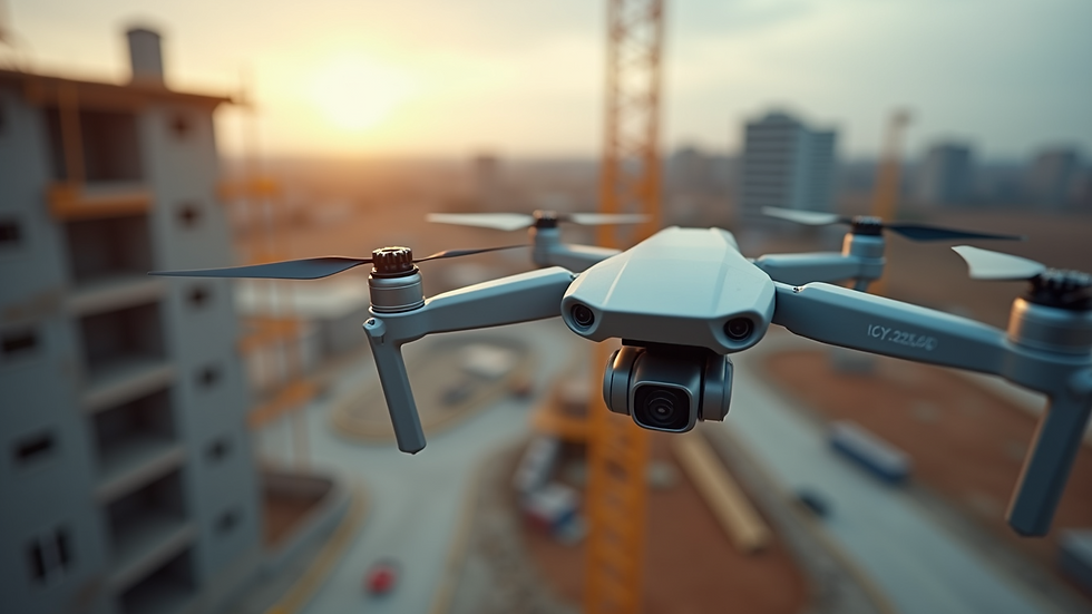 Eye-level view of a drone surveying a construction site
