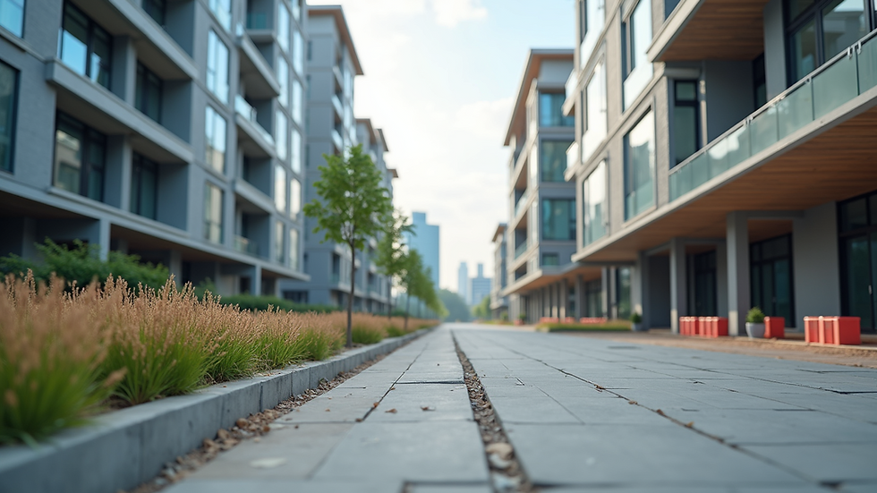 Eye-level view of modern urban construction site with sustainable building materials