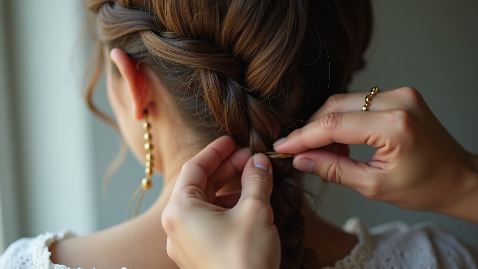 Eye-level view of a person braiding hair into a Dutch braid