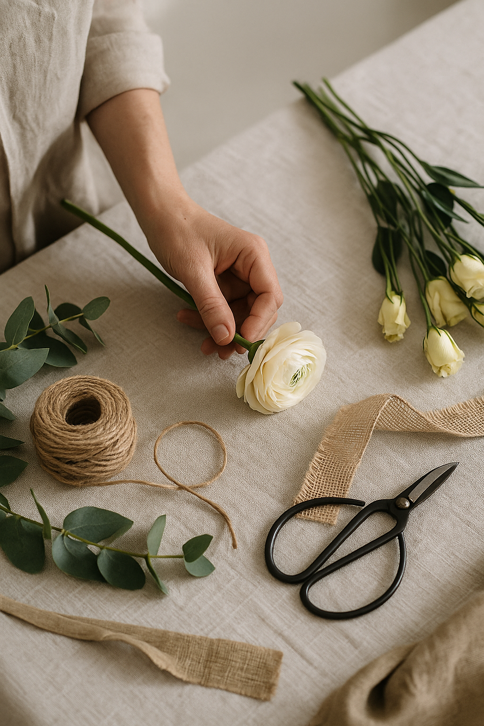 Materiali naturali e fiori di stagione usato nell'atelier Il Fiorista di Mauro Barcellini, ispirati al rispetto della natura