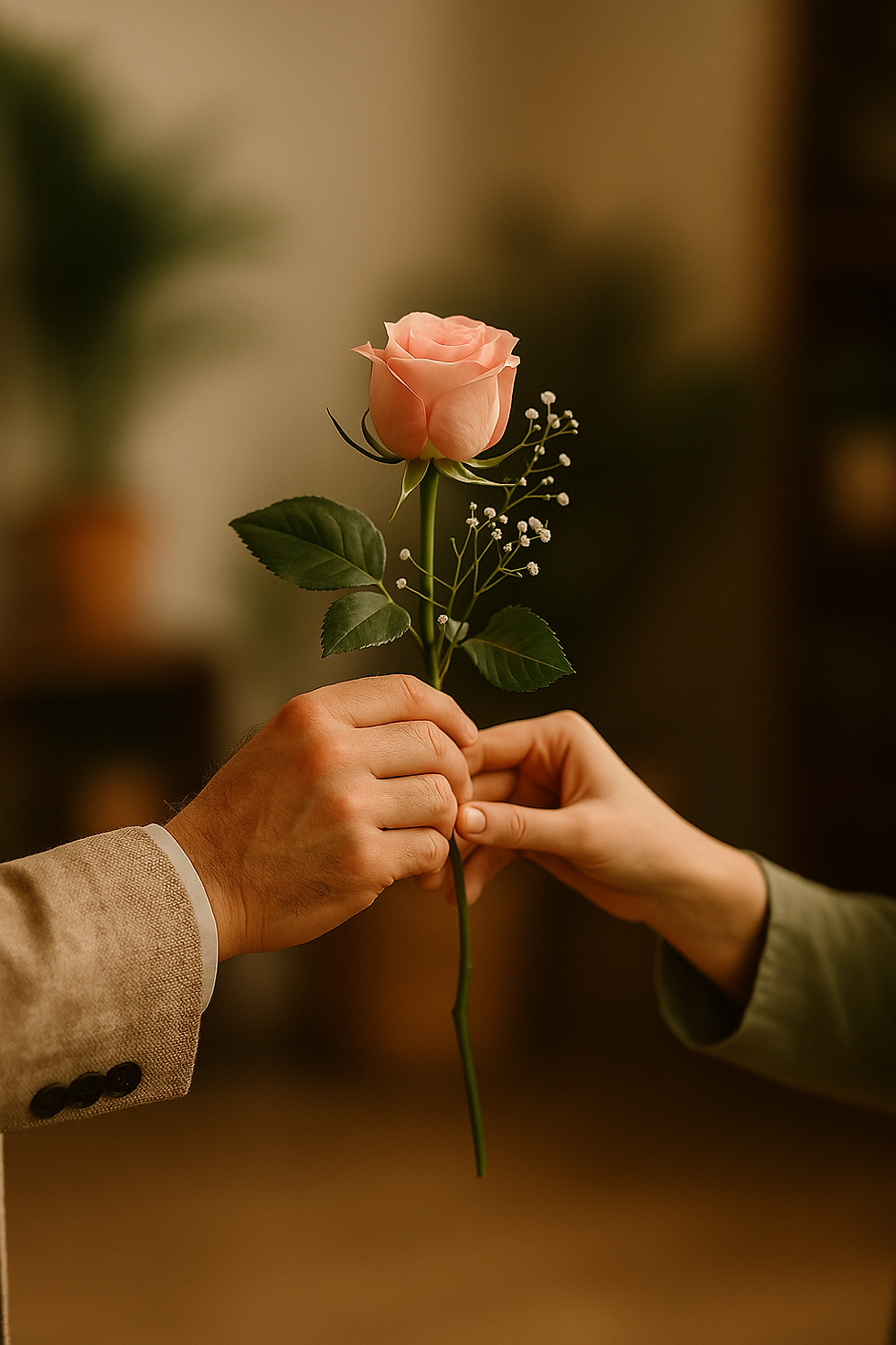 Mani che si incontratno porgendo un fiore simbolo di connessione e di emozione nel lavoro di Mauro Barcellini