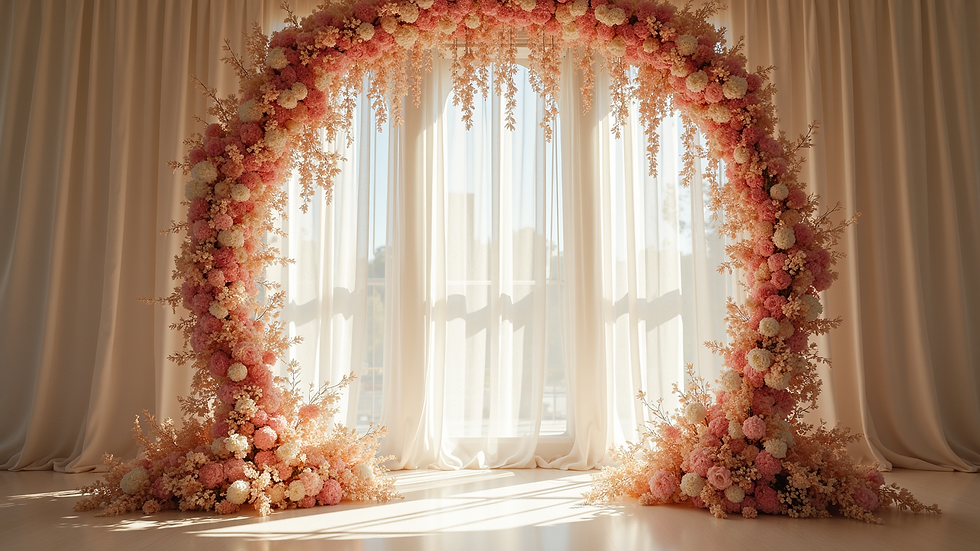 Eye-level view of a luxury wedding floral installation with hanging blooms