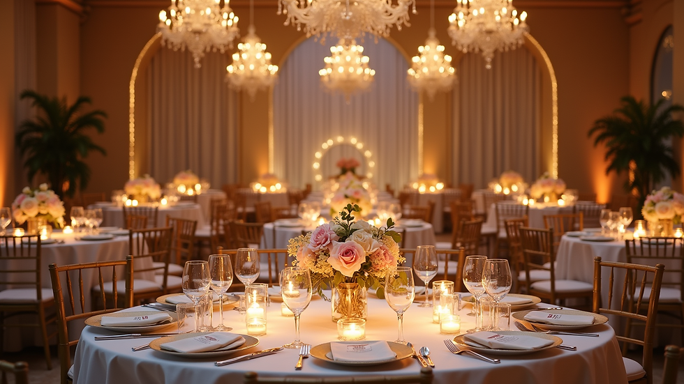 Wide angle view of an elegant wedding setup with floral centrepieces and ambient lighting