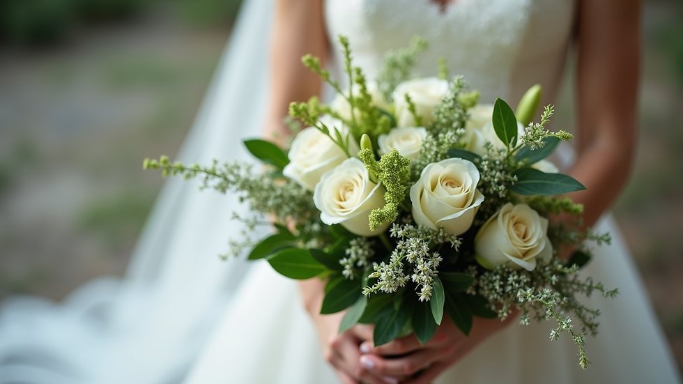 Vista ravvicinata di un bouquet da sposa con fiori bianchi e verdi