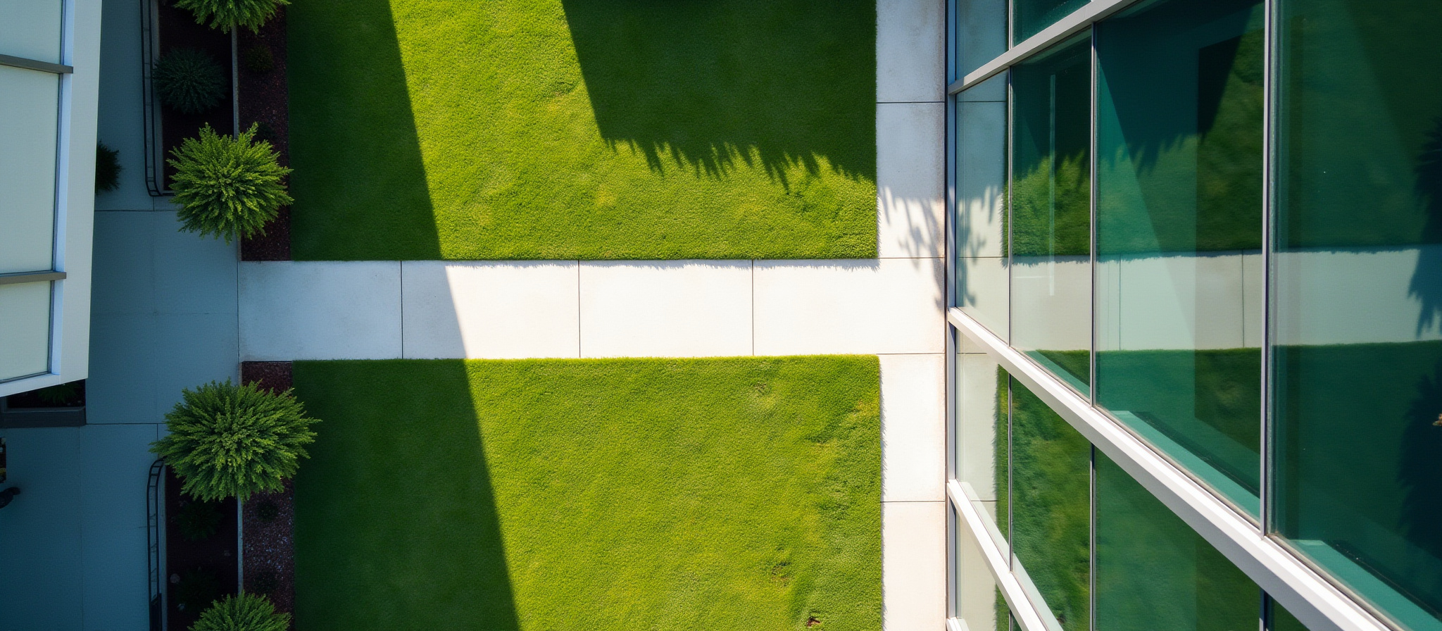Aerial view of courtyard with lawn and glass building.