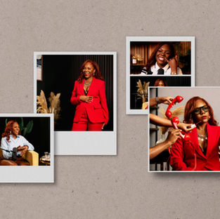 collage of images of a lady in a red power suit