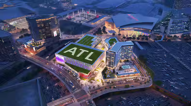 This is a rendering of the planned entertainment district that will make up the center of the Centennial Yards development in downtown Atlanta. The project was designed by Atlanta architecture firm Gensler. (Gensler)