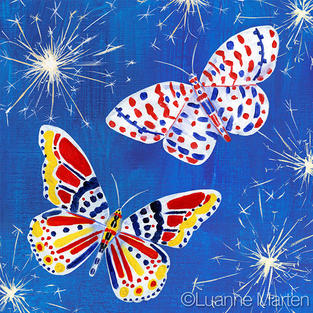 red white blue butterflies with sparklers, fourth of July painting by Luanne Marten