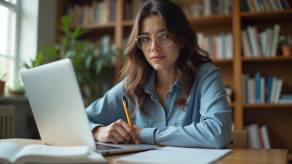 Eye-level view of a student studying with a laptop and notes