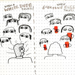 Drawing depicting the difference between when a white dude talks everyone listens, and when a woman talks, the men go on their phones