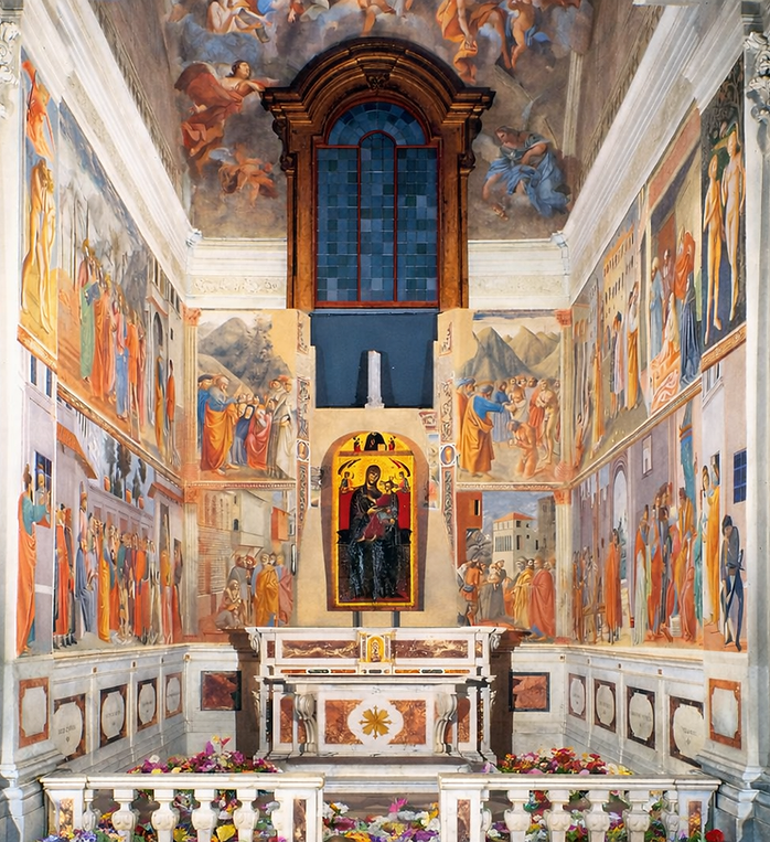 Brancacci Chapel Florence interior with frescoes on side walls and central altarpiece