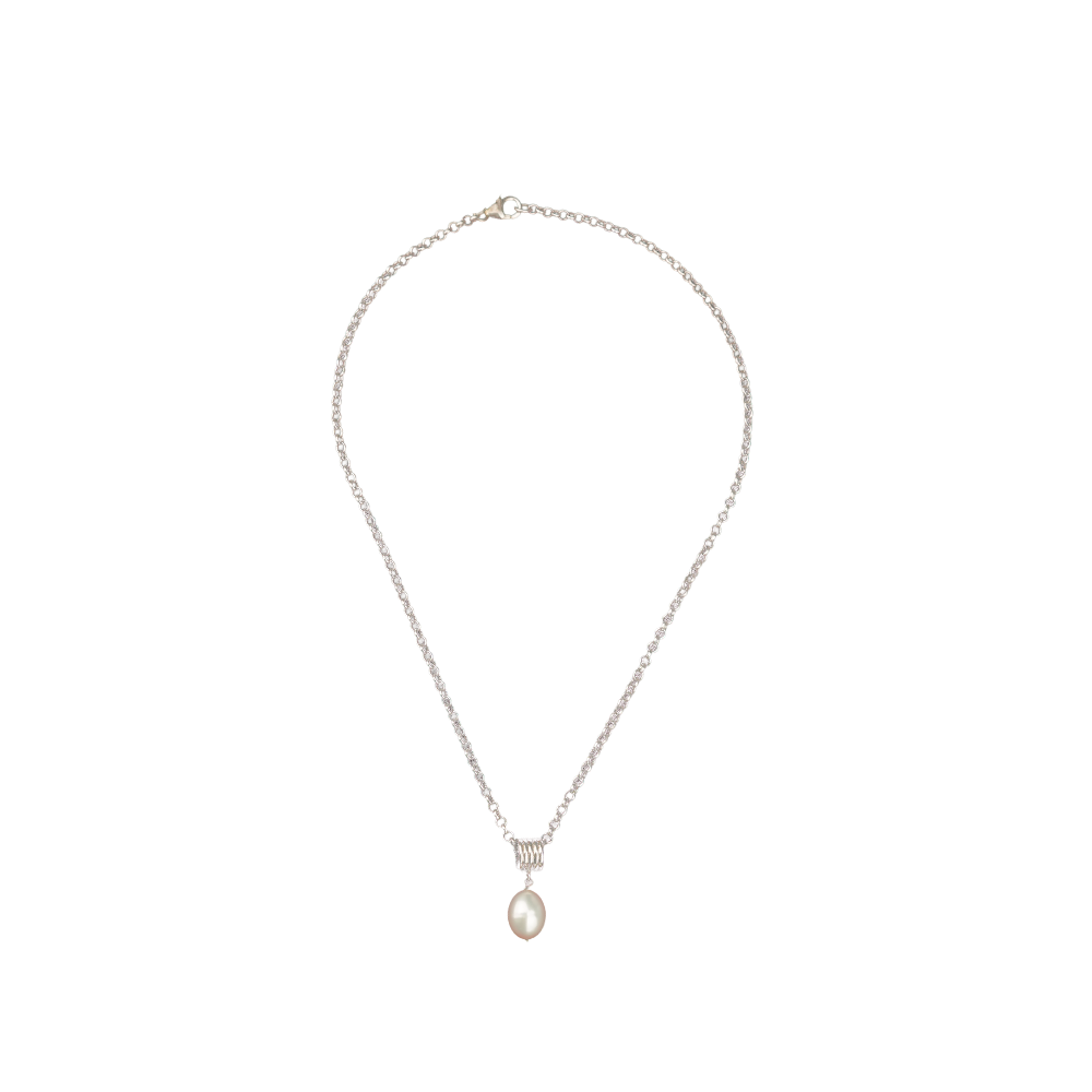 Lustrous Drop: White Pearl Pendant Fancy string in Silver Tone