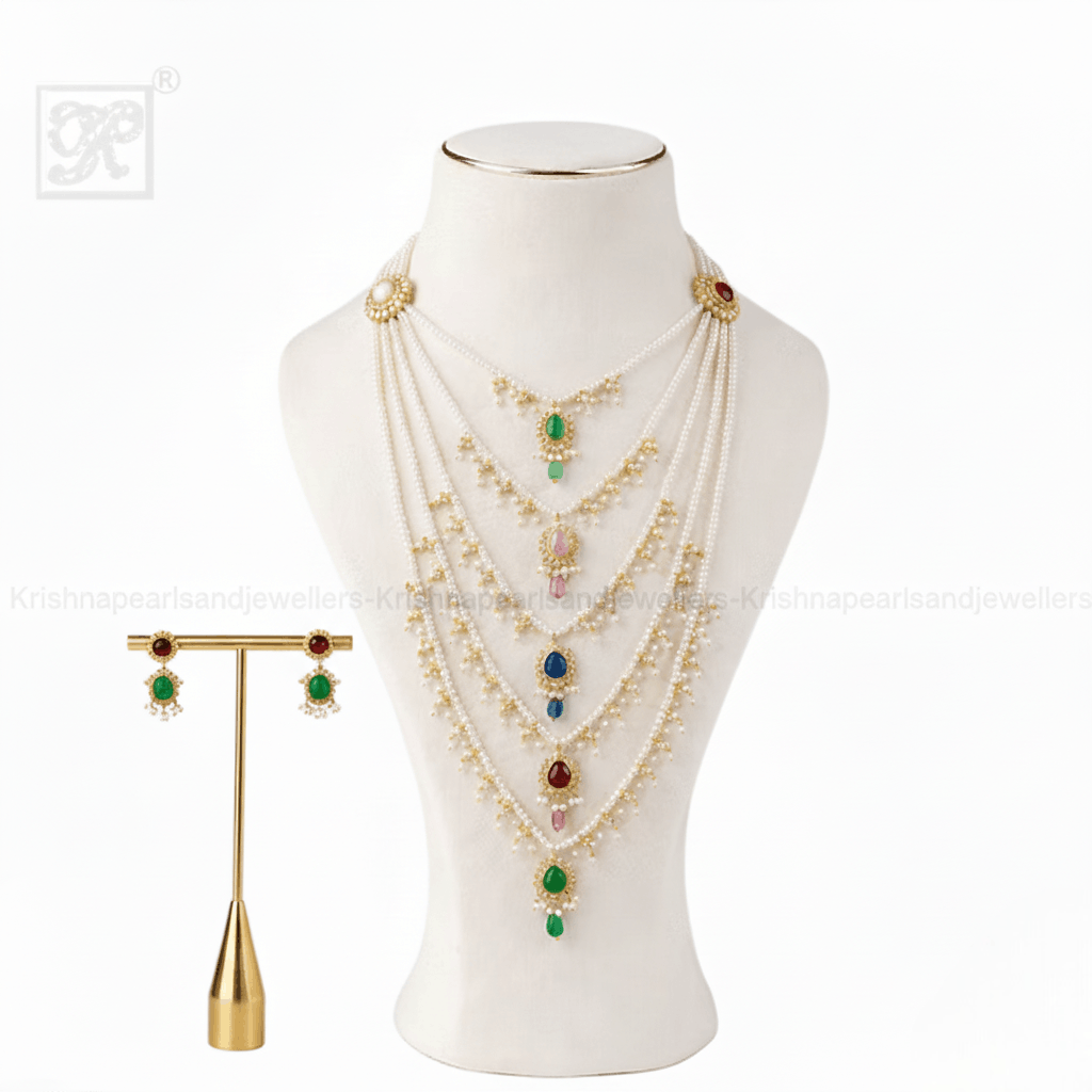 FIVE-LAYER(PANCHLADA) SEED PEARL NAVRATNA CASCADE HAAR SET
