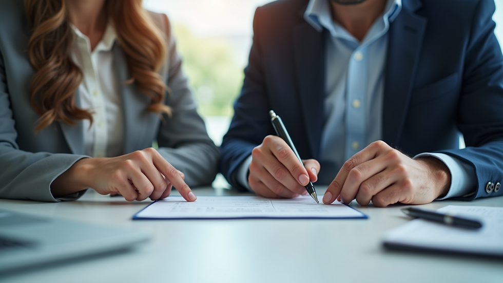 Close-up view of a tax professional reviewing documents with a client