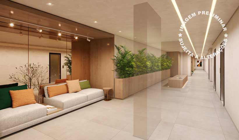 Perspectiva ilustrada do Hall Social Lounge Lume House Vila Prudente Site Morelli Imóveis Eztec
