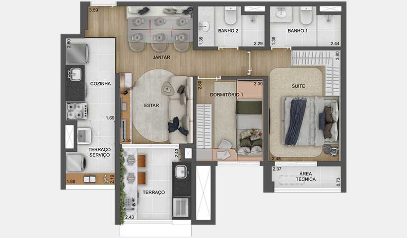Planta tipo de 63 m² - Final 6 Mooca Cittá Torino Site Morelli Corretor Imobiliário