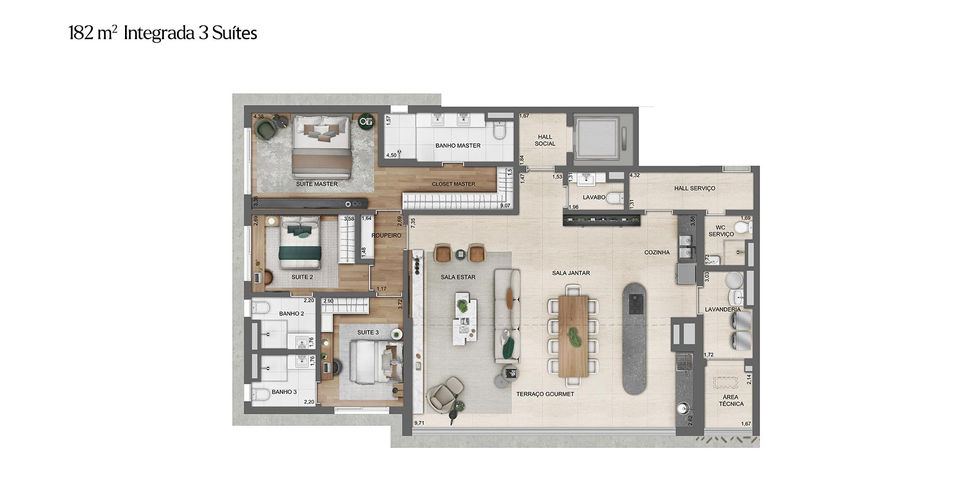Planta Apartamento 182m² - Integrada - 3 suítes - Lindenberg Alto de Pinheiros