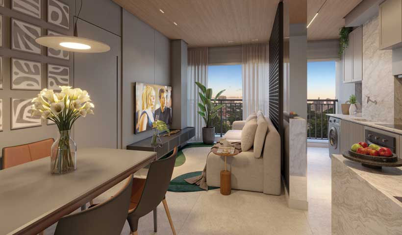 Perspectiva ilustrada do living do apto. 59 m² reserva são caetano parque eztec site morelli corretor imobiliário