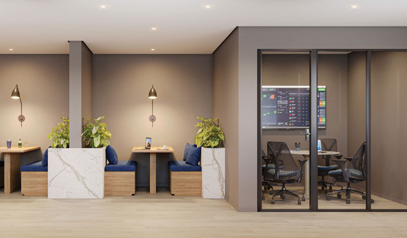 Perspectiva ilustrada do coworking Blue Marine Home Resort Eztec Fagundes Filho Saúde
