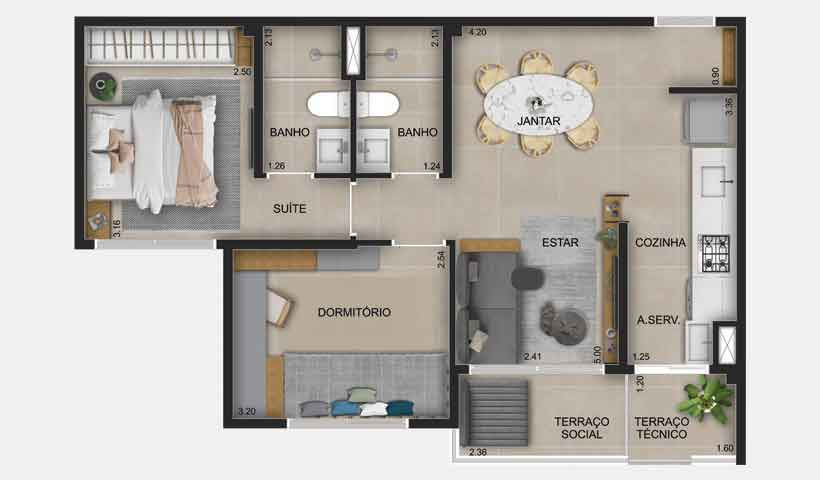 Planta Tipo do apto. de 56 m² Moved Osasco Residence Site Morelli Imóveis Eztec