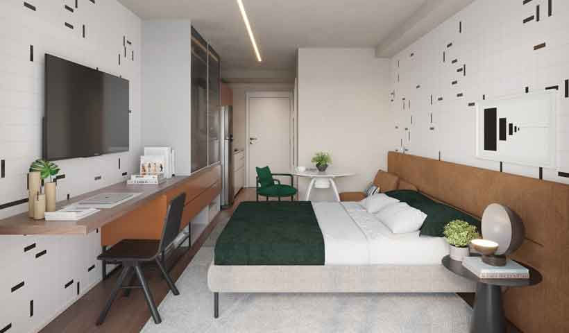 Perspectiva ilustrada do studio residencial de 28 m² - Final 03 alt studios by eztec site morelli corretor imobiliário