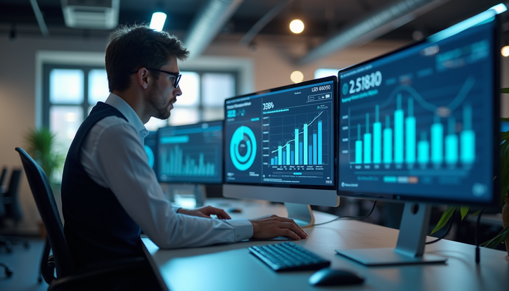 Eye-level view of a modern workspace with AI-powered devices and data visualization screens