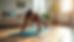 Eye-level view of a person performing a plank exercise on a yoga mat in a bright living room