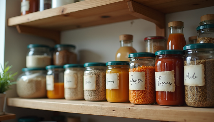 Eye-level view of a neatly organized kitchen pantry with labeled jars and containers