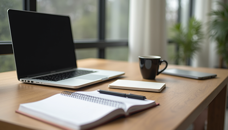 Eye-level view of a workspace with a laptop, notebook, and coffee cup on a wooden table