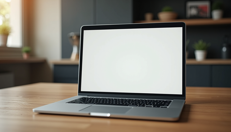 Eye-level view of a laptop on a wooden desk with a blog post draft on the screen