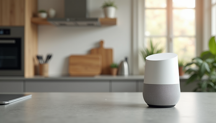 Eye-level view of a smart home assistant device on a kitchen counter