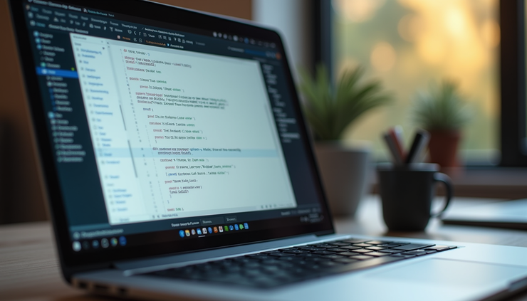 Eye-level view of a laptop screen showing a text editor with website content being written