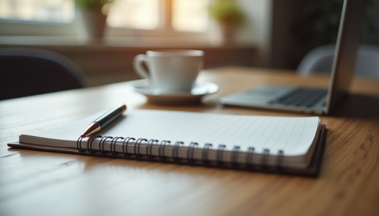 Eye-level view of a tidy workspace with a notebook, pen, and a cup of coffee