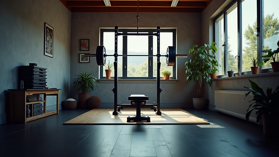 High angle view of home gym corner with power rack and bench