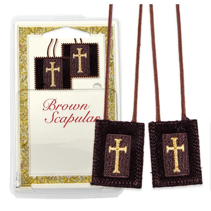 1 3/4" x 2" Genuine Brown Wool Scapular with Gold Embroidered Latin Crosses