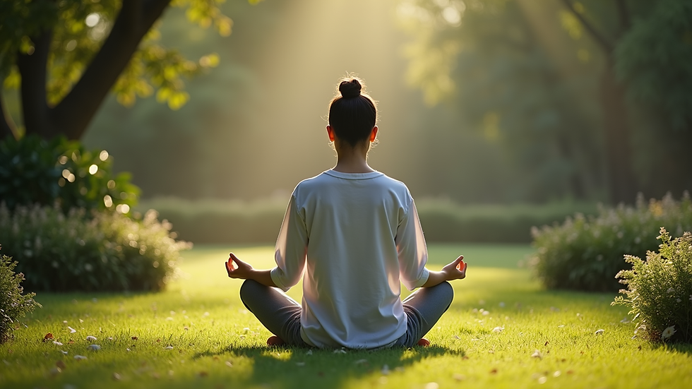 Eye-level view of a person meditating in a peaceful garden