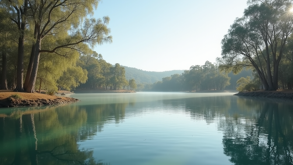 Eye-level view of a serene lakeside with eucalyptus trees