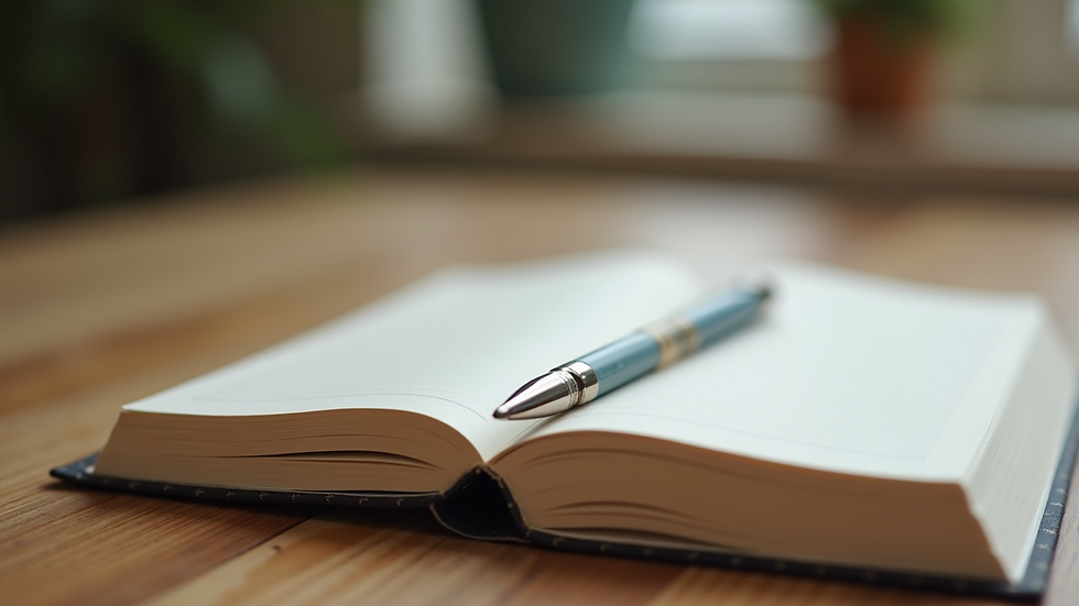 Close-up view of a journal and pen on a wooden table, symbolising reflection and mindfulness