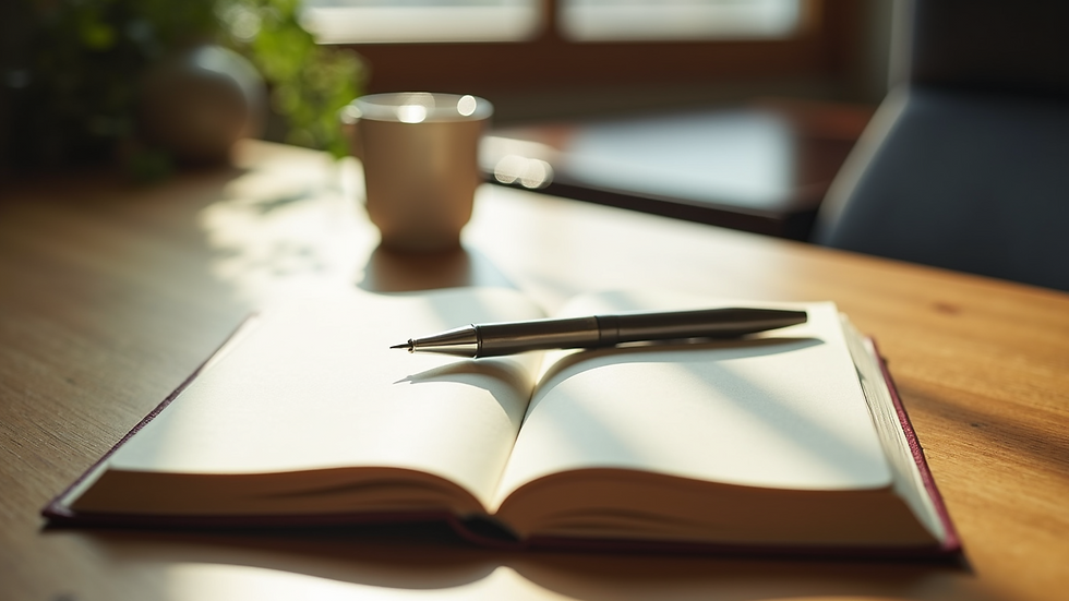 Close-up view of a journal and pen on a wooden table with natural light