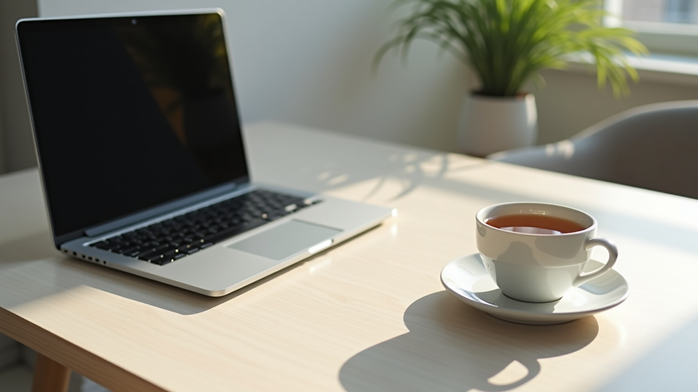 Eye-level view of a serene workspace with a laptop and a cup of tea