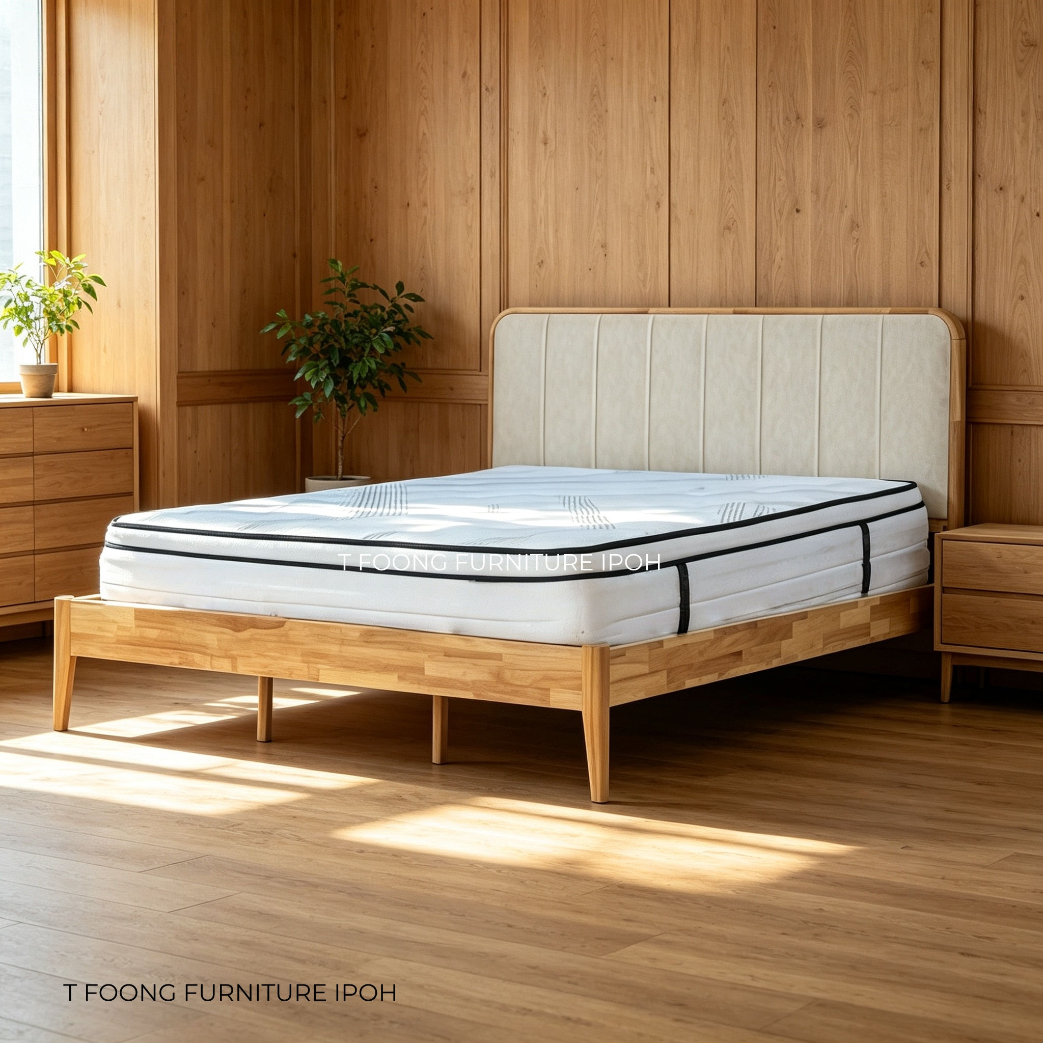 Cushioned Channel Headboard Japandi Fluted Solid Wood Bed Frame