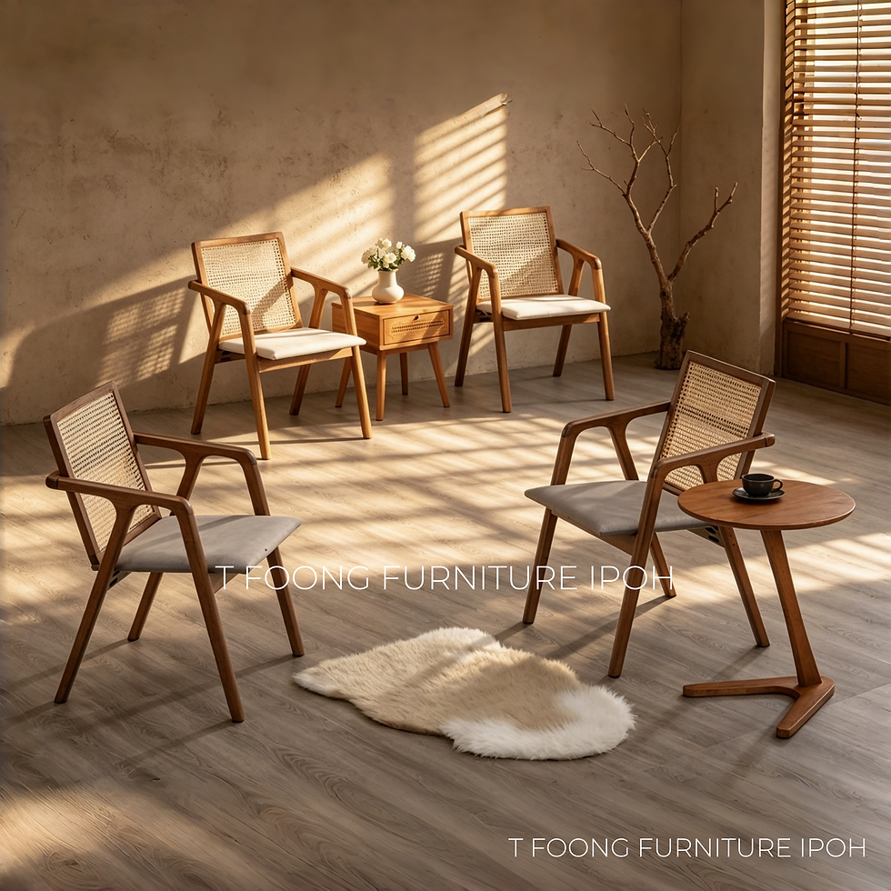 Thumbnail: Uma Solid Oak Woven Rattan Armchairs with Side Table Tea Set Lounge Area Set