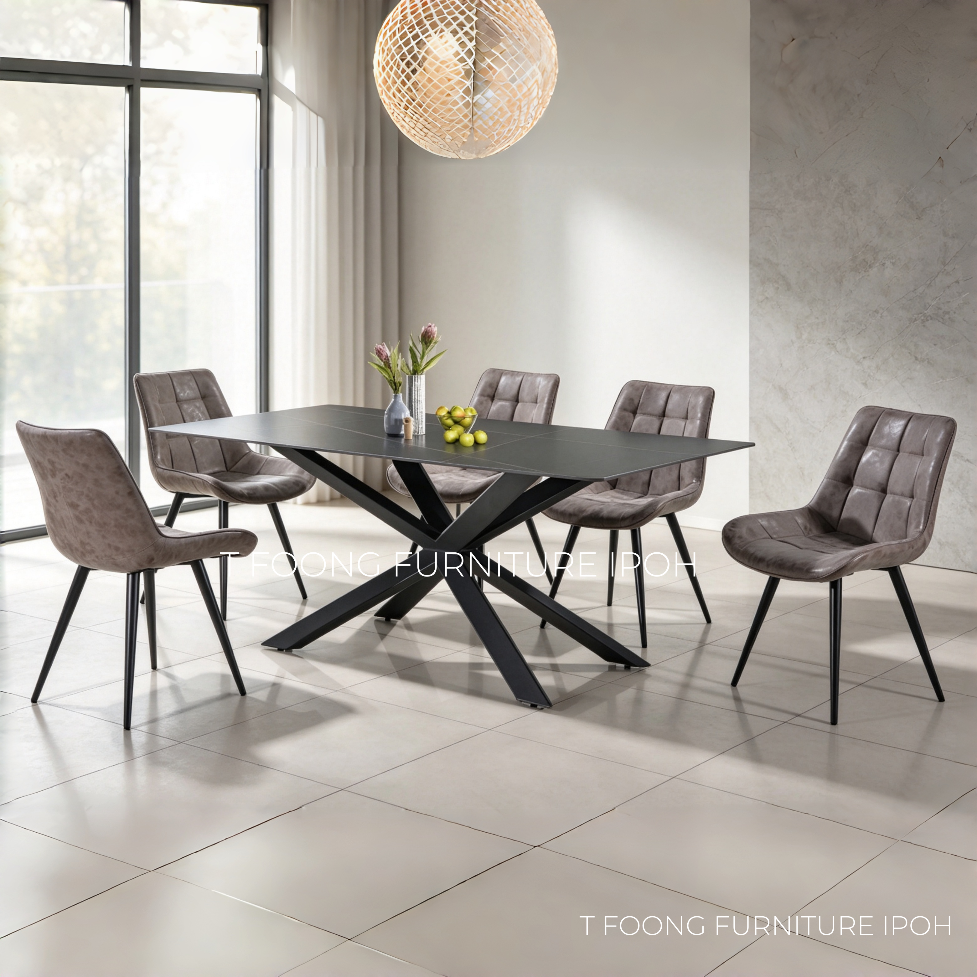 X-Cross Metal Base Industrial Modern 6-Seater Dining Set