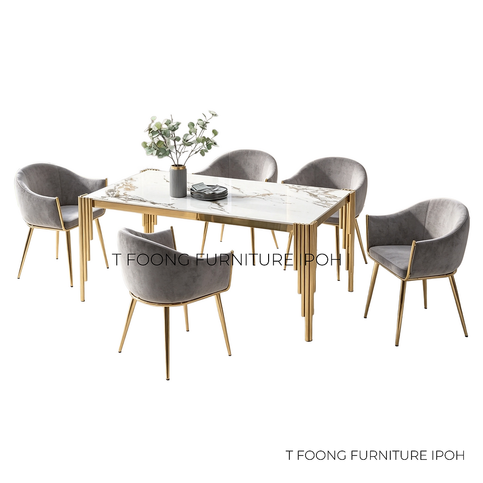 Thumbnail: White Sintered Stone Table with Tiered Gold Legs Luxury 6-Seater Dining Set
