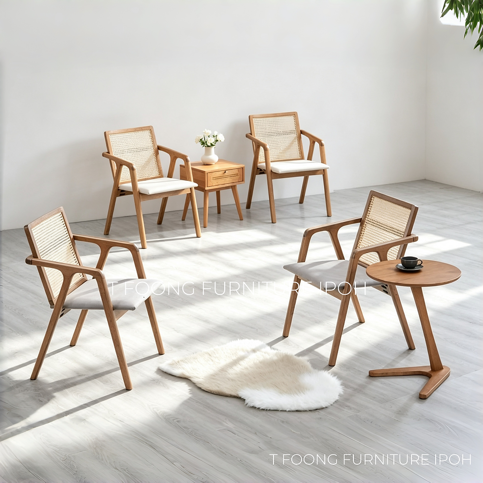 Uma Solid Oak Woven Rattan Armchairs with Side Table Tea Set Lounge Area Set