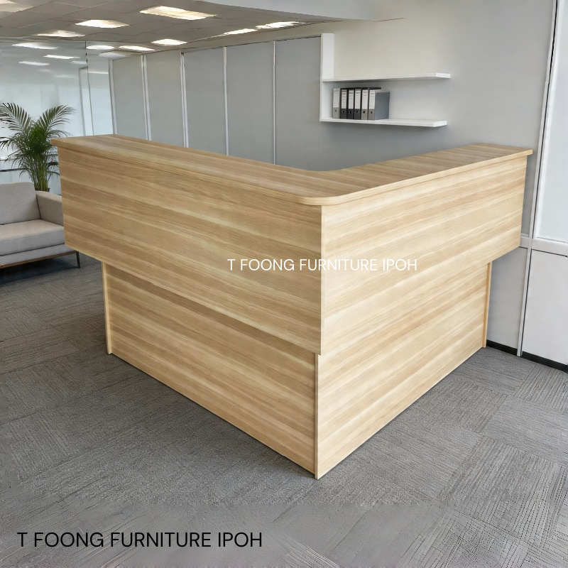 Thumbnail: Light wood L-shaped reception desk in a modern office.
