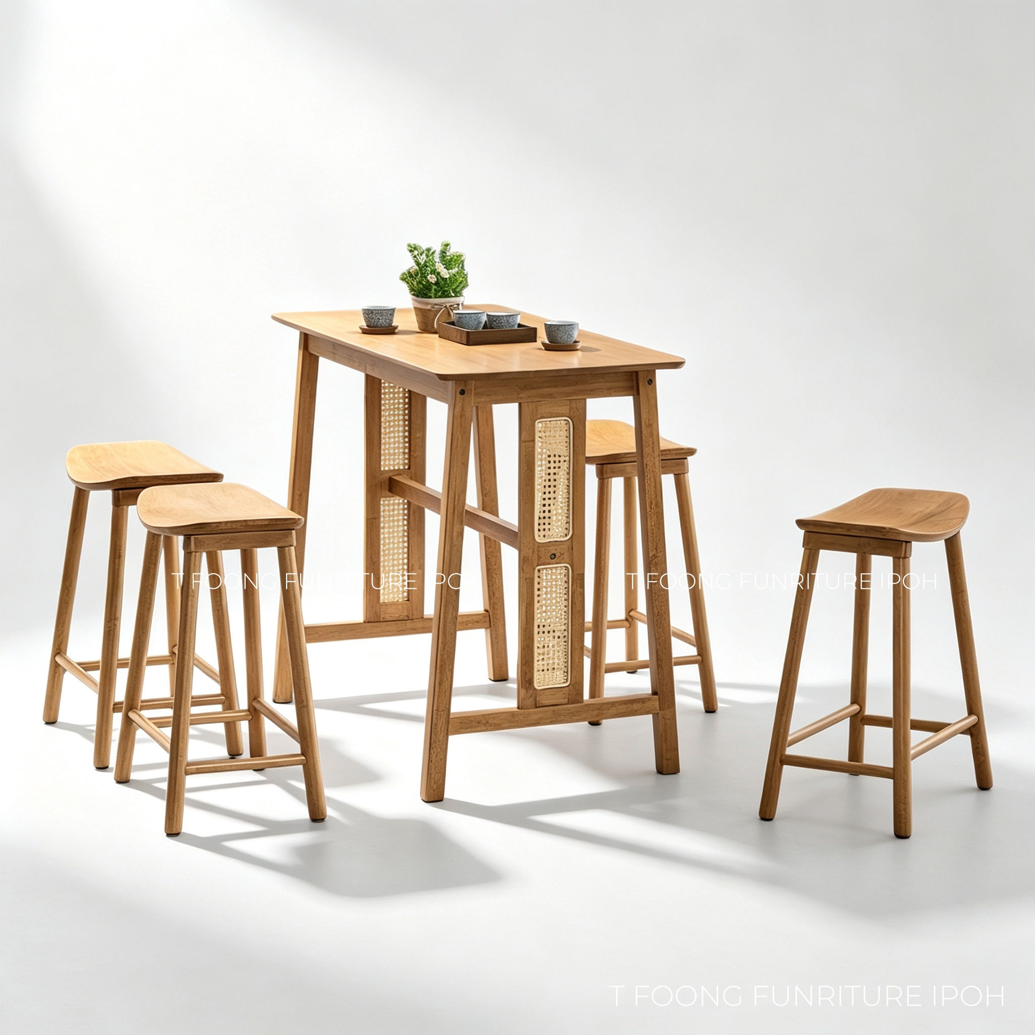 Weni Rattan Design Japandi Solid Wood Island Table & Stool Set